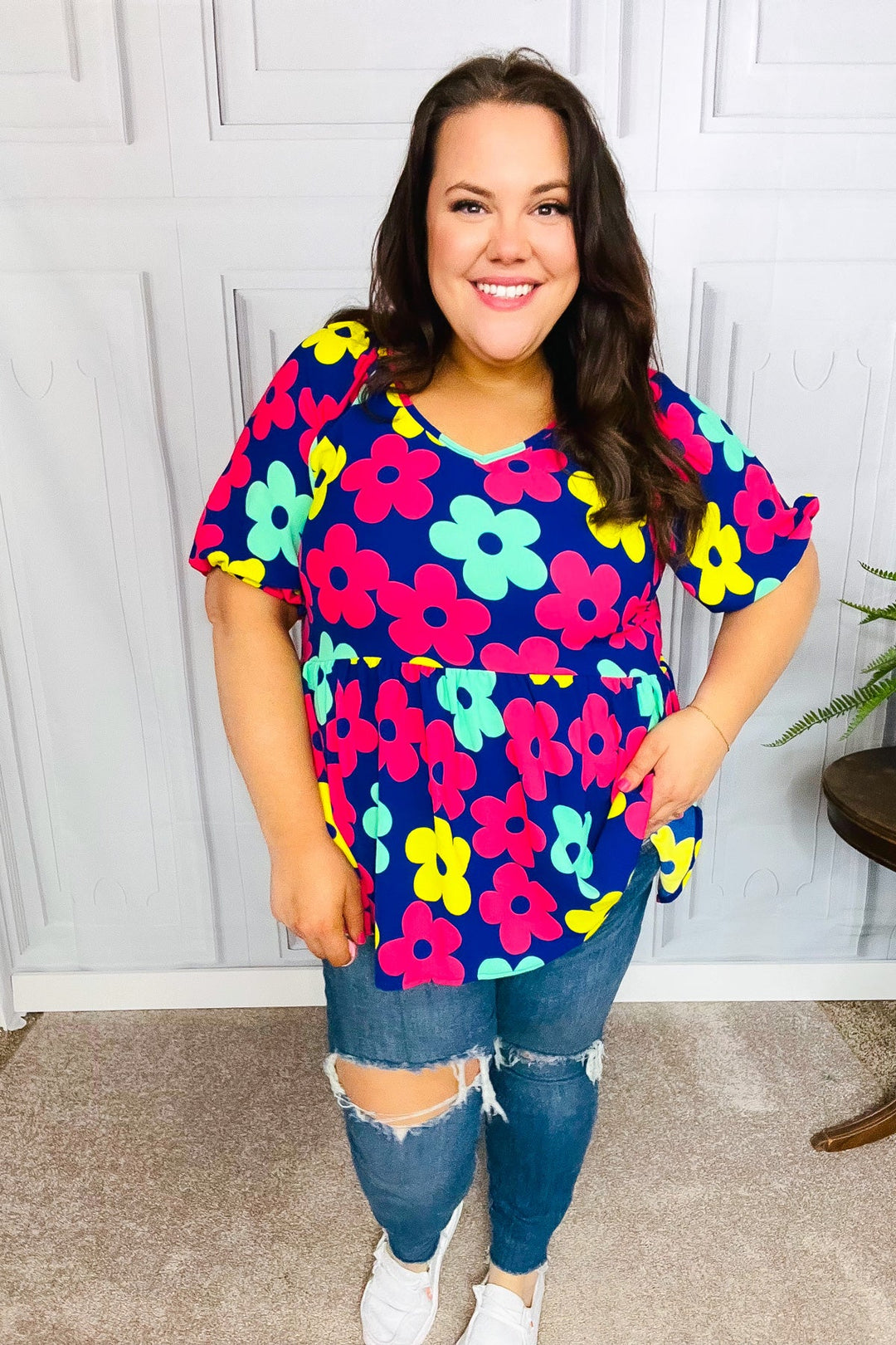 Sunny Days Navy Flat Floral Bubble Sleeve Babydoll Tops | Nikki &amp; Co. Boutique