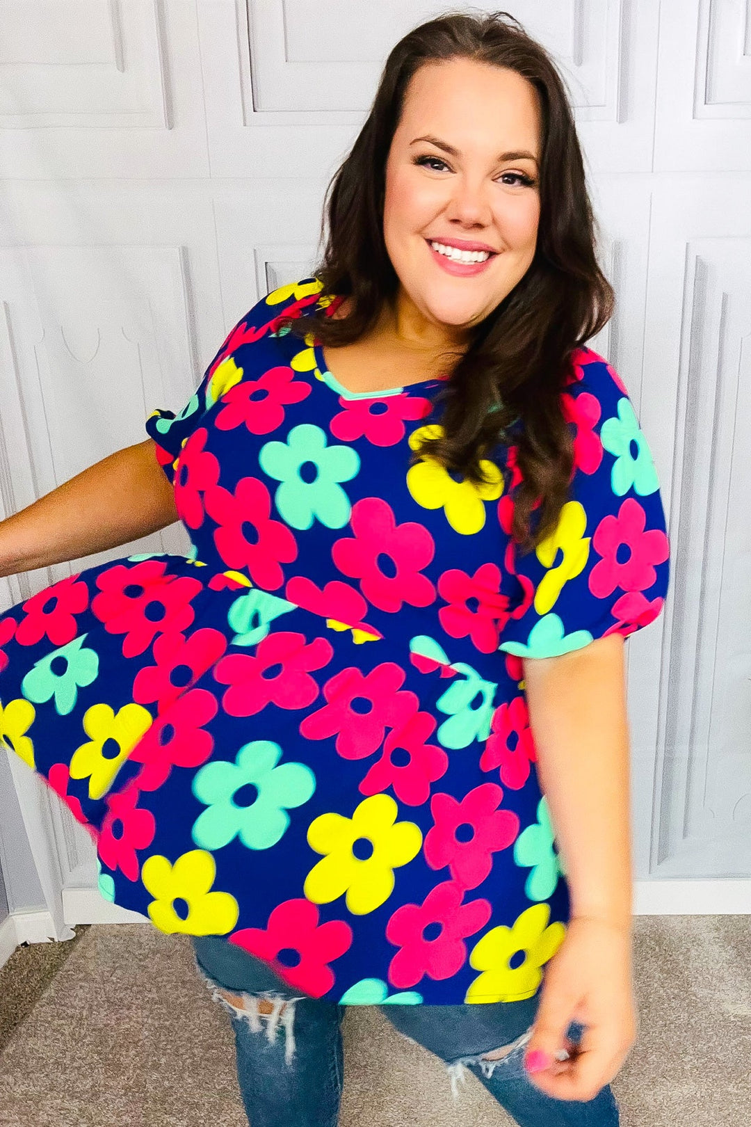 Sunny Days Navy Flat Floral Bubble Sleeve Babydoll Tops | Nikki &amp; Co. Boutique