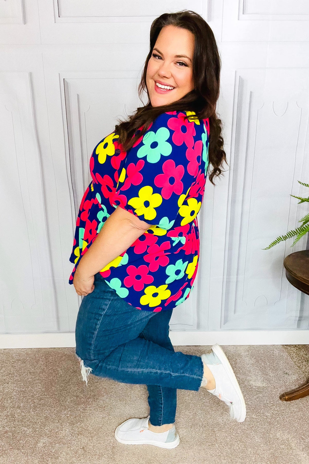 Sunny Days Navy Flat Floral Bubble Sleeve Babydoll Tops | Nikki &amp; Co. Boutique