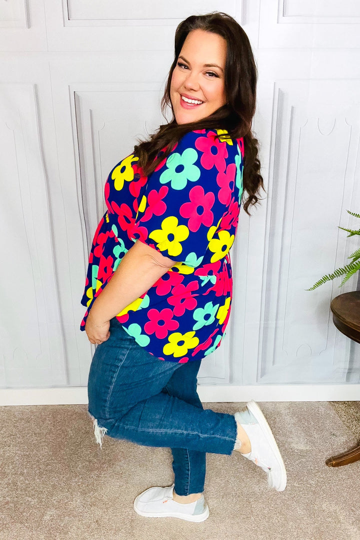 Sunny Days Navy Flat Floral Bubble Sleeve Babydoll Tops | Nikki &amp; Co. Boutique