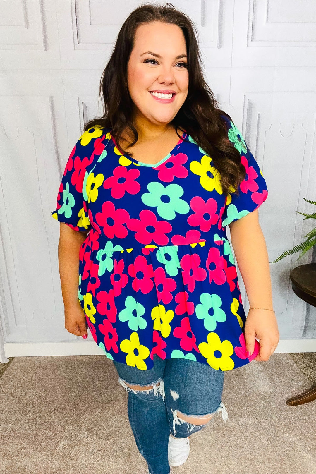 Sunny Days Navy Flat Floral Bubble Sleeve Babydoll Tops | Nikki &amp; Co. Boutique