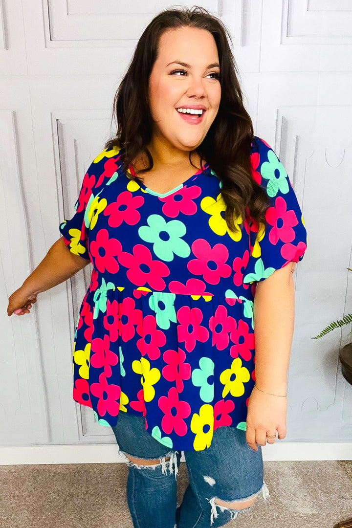 Sunny Days Navy Flat Floral Bubble Sleeve Babydoll Tops | Nikki &amp; Co. Boutique