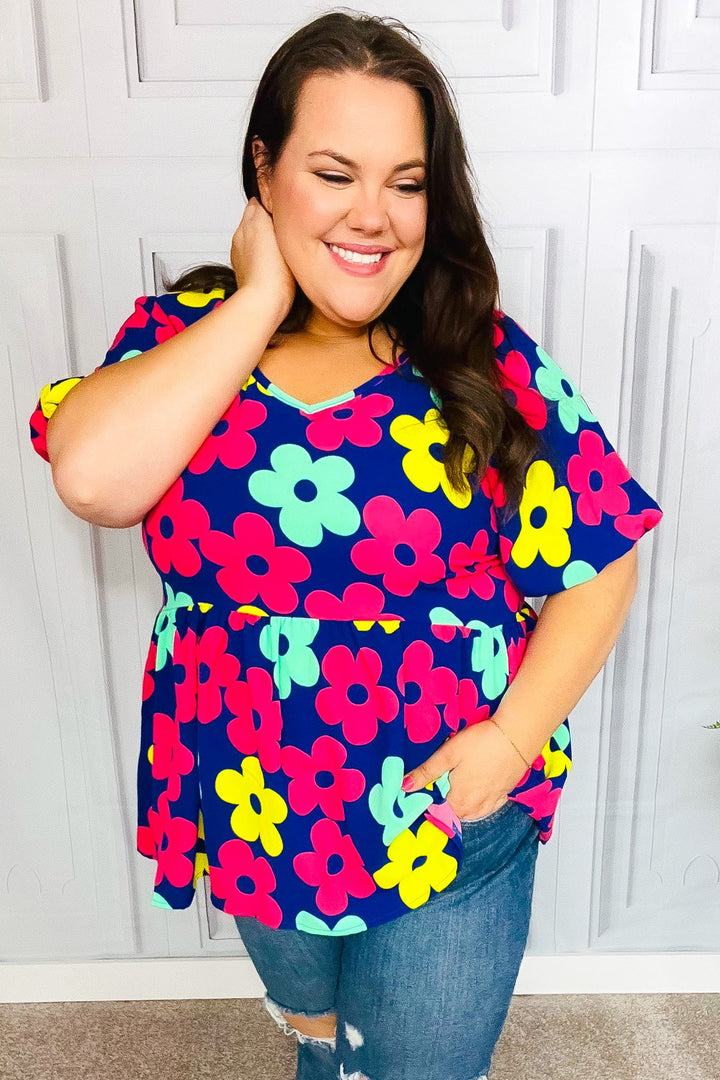 Sunny Days Navy Flat Floral Bubble Sleeve Babydoll Tops | Nikki &amp; Co. Boutique