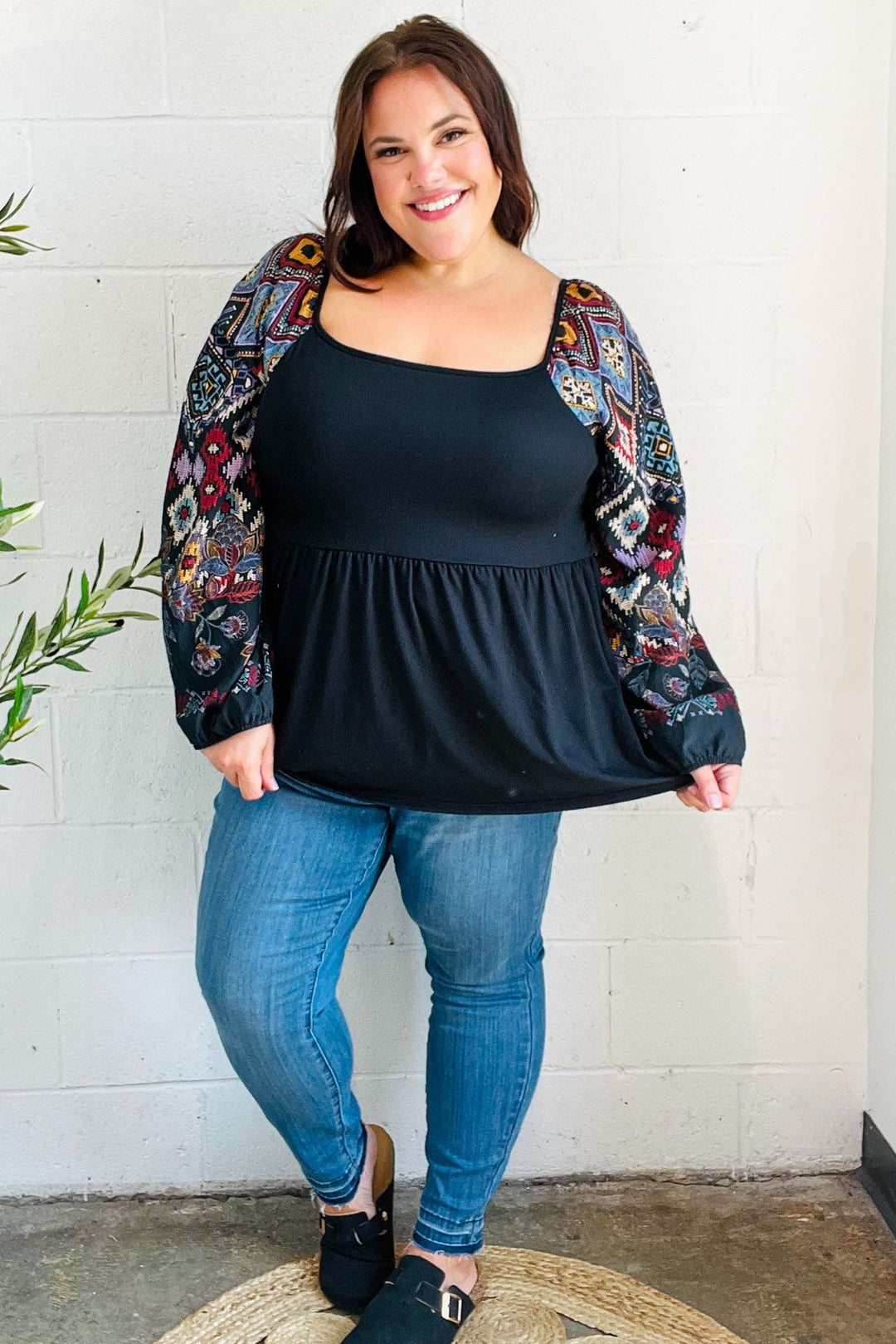 Charming Black Square Neck Border Print Bubble Sleeve Tops | Nikki &amp; Co. Boutique