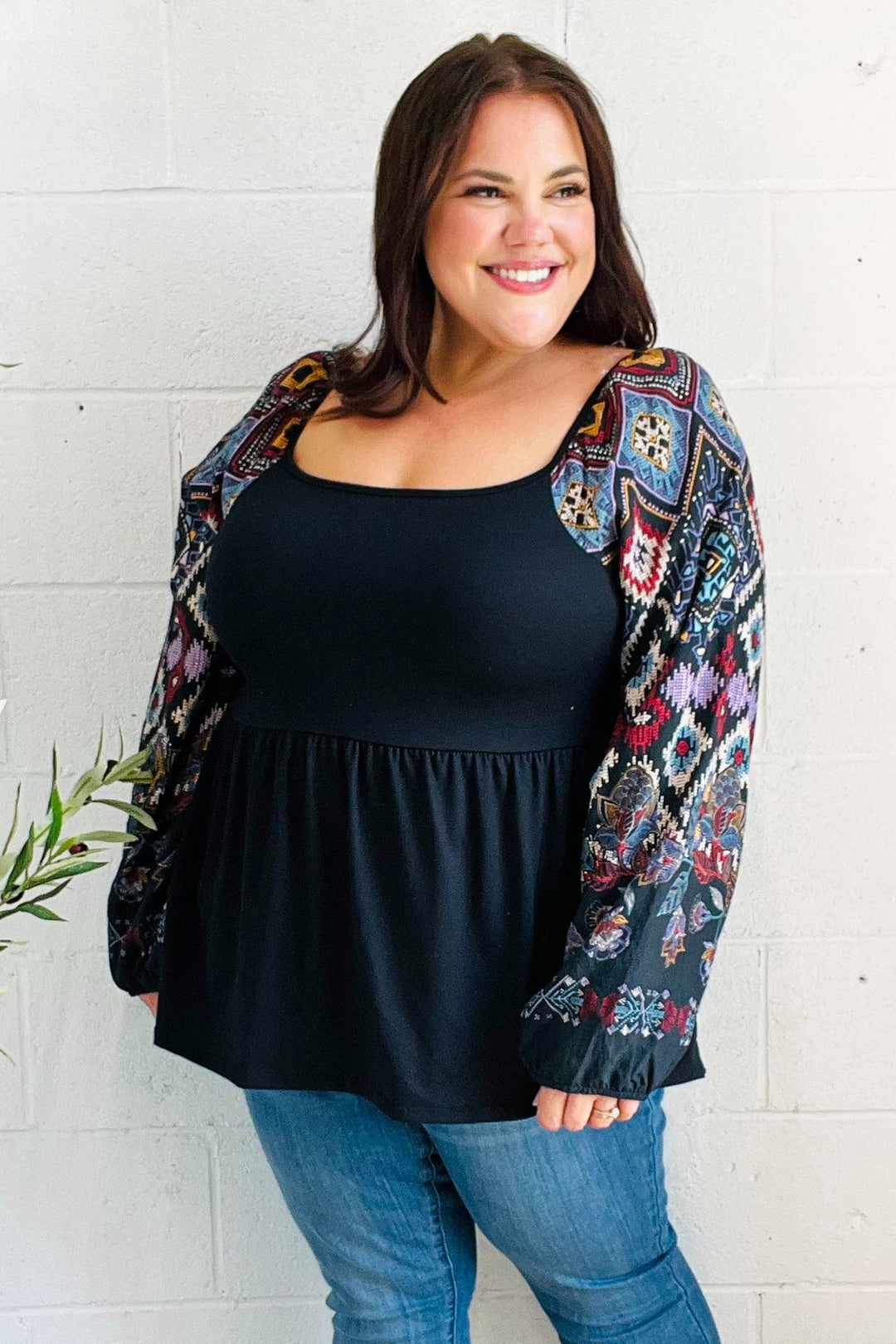 Charming Black Square Neck Border Print Bubble Sleeve Tops | Nikki &amp; Co. Boutique