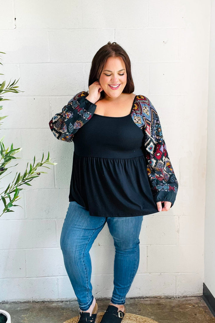Charming Black Square Neck Border Print Bubble Sleeve Tops | Nikki &amp; Co. Boutique