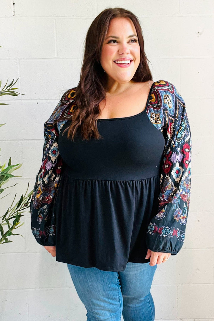 Charming Black Square Neck Border Print Bubble Sleeve Tops | Nikki &amp; Co. Boutique