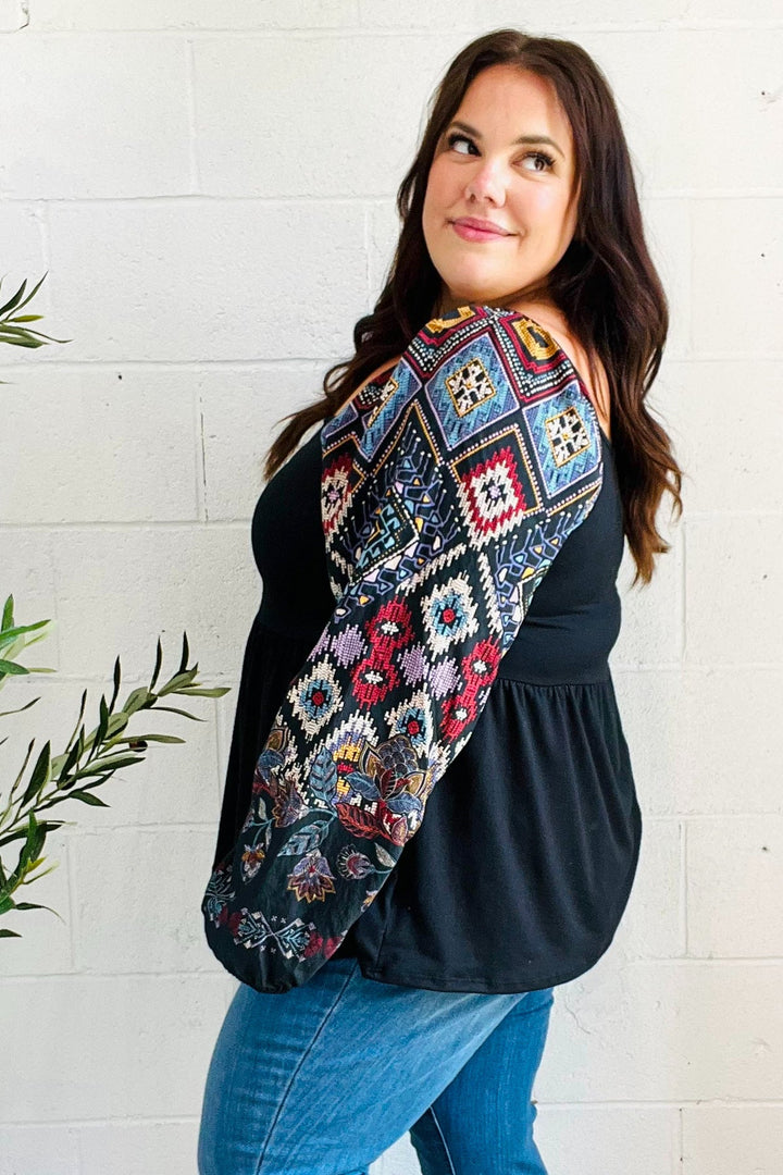 Charming Black Square Neck Border Print Bubble Sleeve Tops | Nikki &amp; Co. Boutique