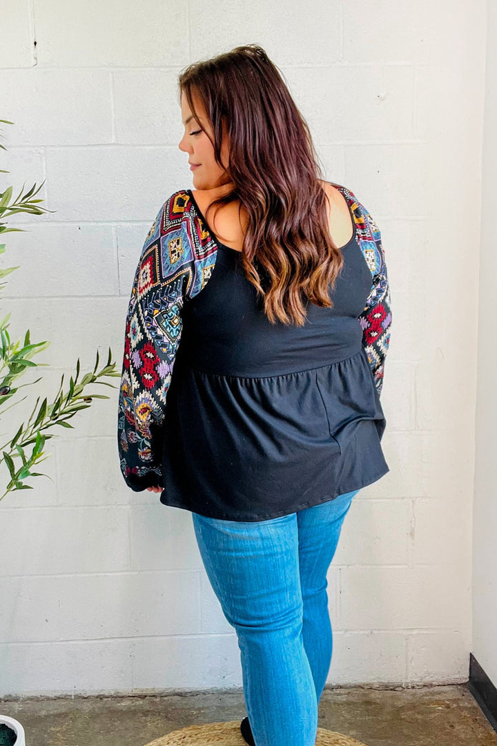 Charming Black Square Neck Border Print Bubble Sleeve Tops | Nikki &amp; Co. Boutique
