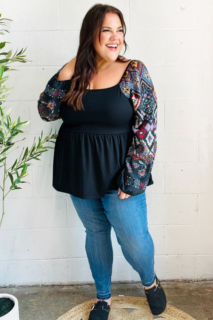 Charming Black Square Neck Border Print Bubble Sleeve Tops | Nikki &amp; Co. Boutique