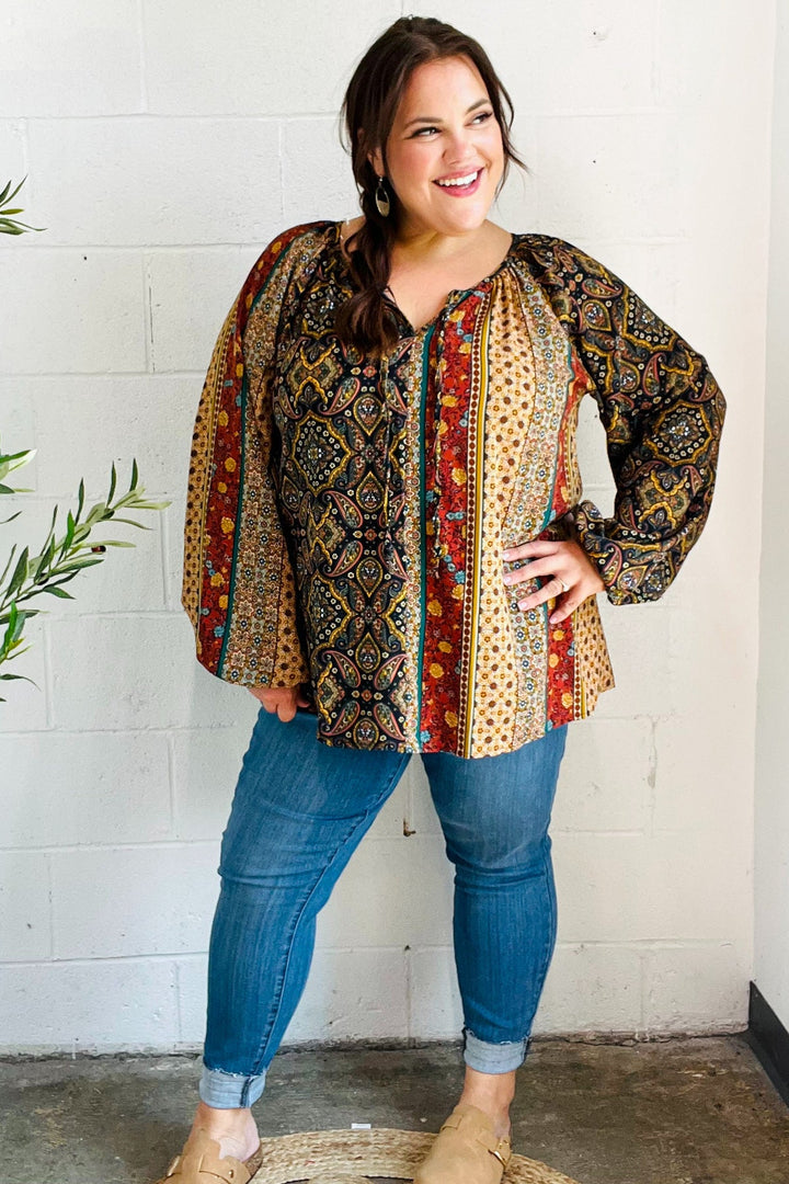 Weekend Ready Black &amp; Rust Paisley Raglan Keyhole Tie Tops | Nikki &amp; Co. Boutique