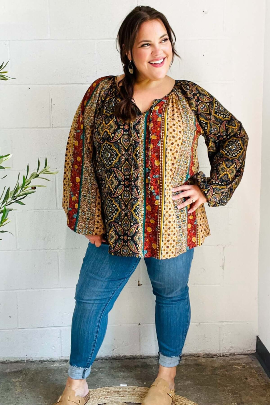 Weekend Ready Black &amp; Rust Paisley Raglan Keyhole Tie Top - Nikki &amp; Co. Boutique