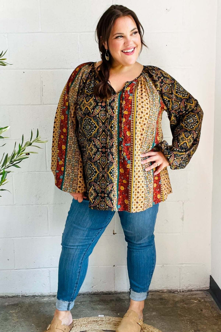 Weekend Ready Black &amp; Rust Paisley Raglan Keyhole Tie Top - Nikki &amp; Co. Boutique