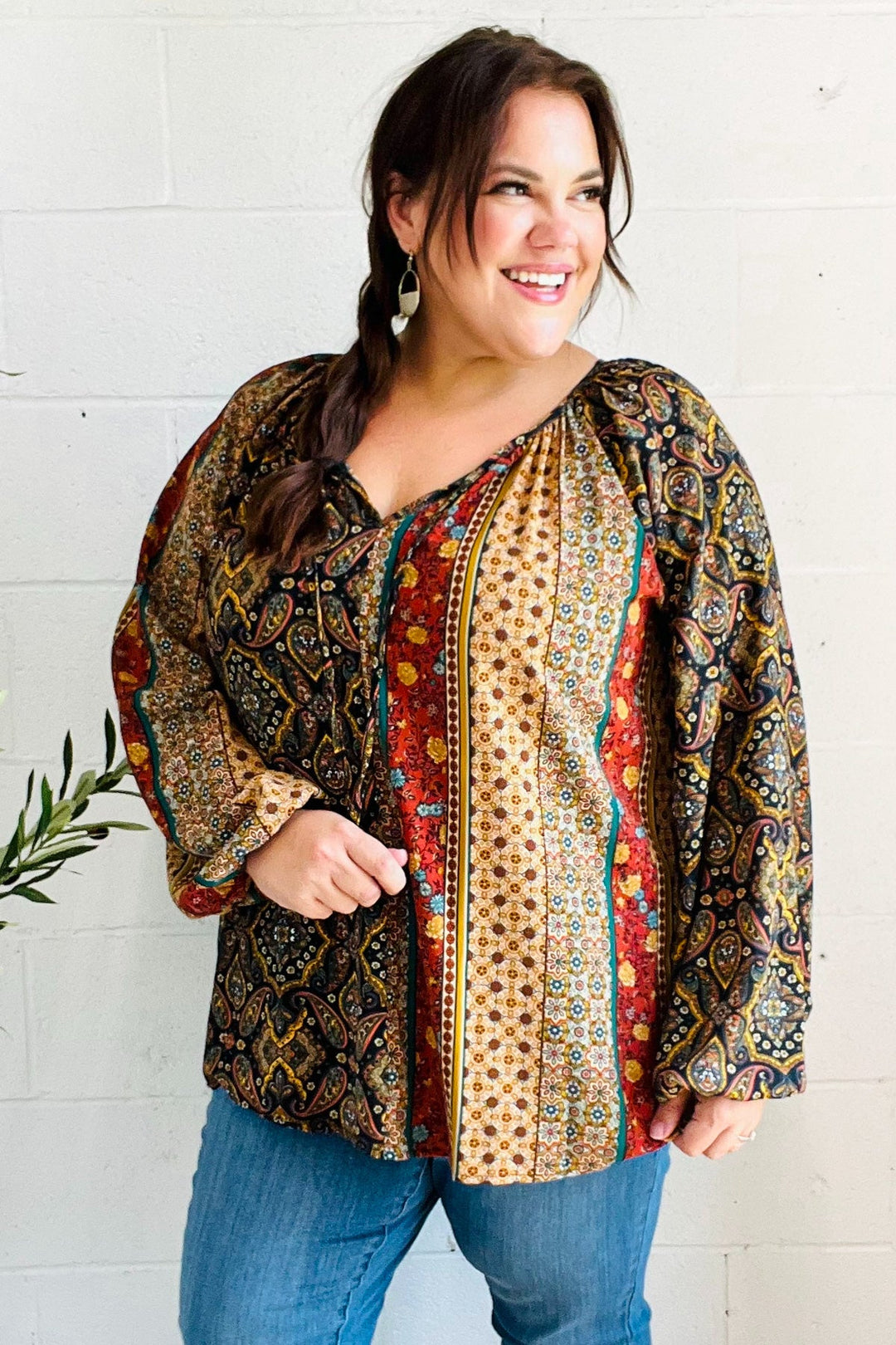 Weekend Ready Black &amp; Rust Paisley Raglan Keyhole Tie Tops | Nikki &amp; Co. Boutique