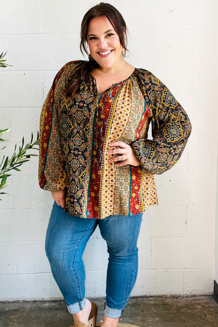 Weekend Ready Black &amp; Rust Paisley Raglan Keyhole Tie Tops | Nikki &amp; Co. Boutique