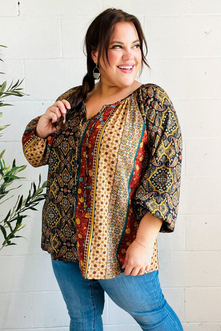 Weekend Ready Black &amp; Rust Paisley Raglan Keyhole Tie Tops | Nikki &amp; Co. Boutique