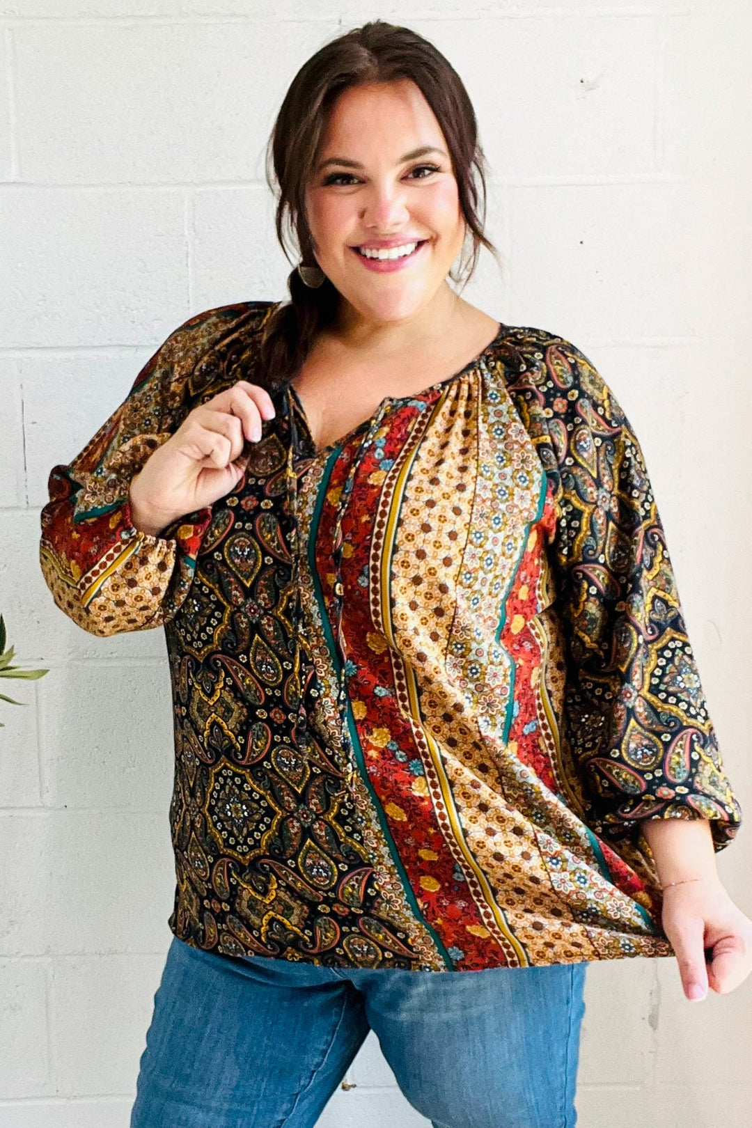 Weekend Ready Black &amp; Rust Paisley Raglan Keyhole Tie Tops | Nikki &amp; Co. Boutique