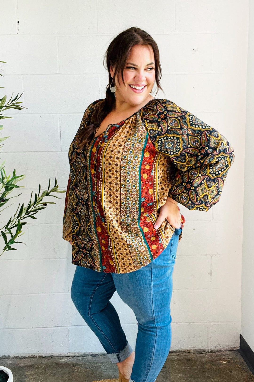 Weekend Ready Black &amp; Rust Paisley Raglan Keyhole Tie Tops | Nikki &amp; Co. Boutique