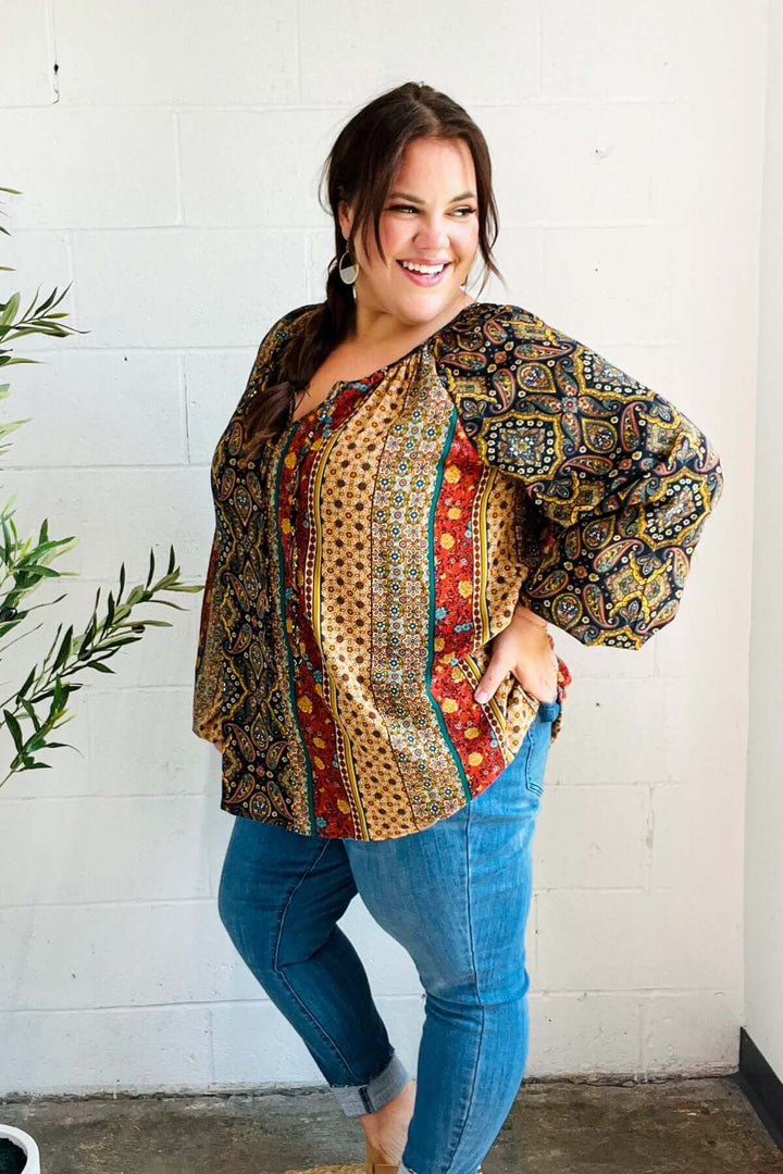 Weekend Ready Black &amp; Rust Paisley Raglan Keyhole Tie Top - Nikki &amp; Co. Boutique