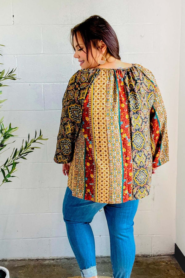 Weekend Ready Black &amp; Rust Paisley Raglan Keyhole Tie Top - Nikki &amp; Co. Boutique