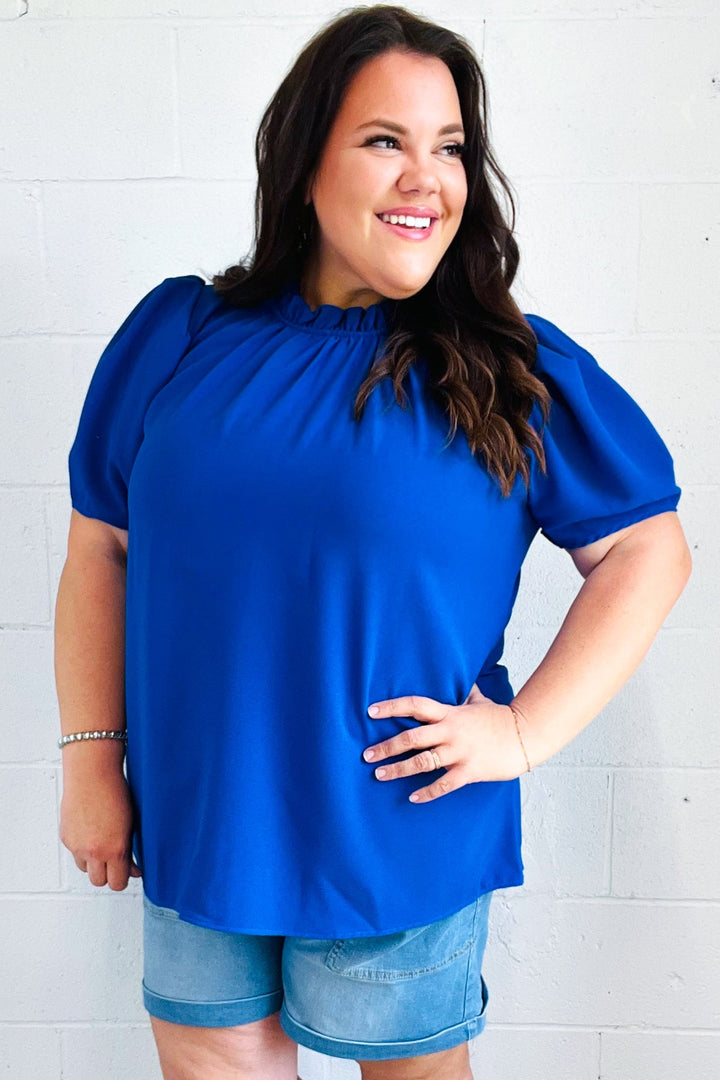 Lovely Blue Frill Mock Neck Woven Tops | Nikki &amp; Co. Boutique