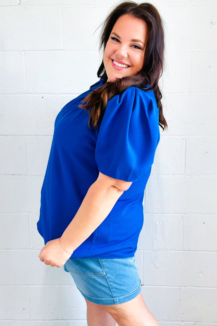 Lovely Blue Frill Mock Neck Woven Tops | Nikki &amp; Co. Boutique