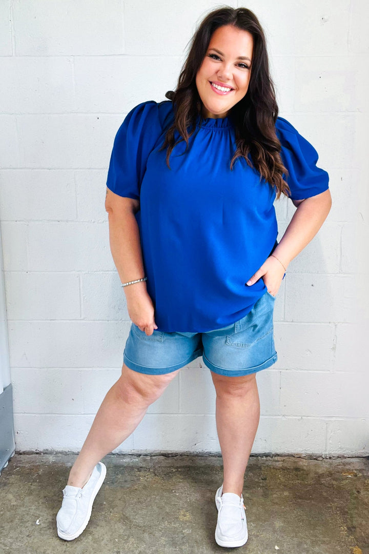 Lovely Blue Frill Mock Neck Woven Tops | Nikki &amp; Co. Boutique