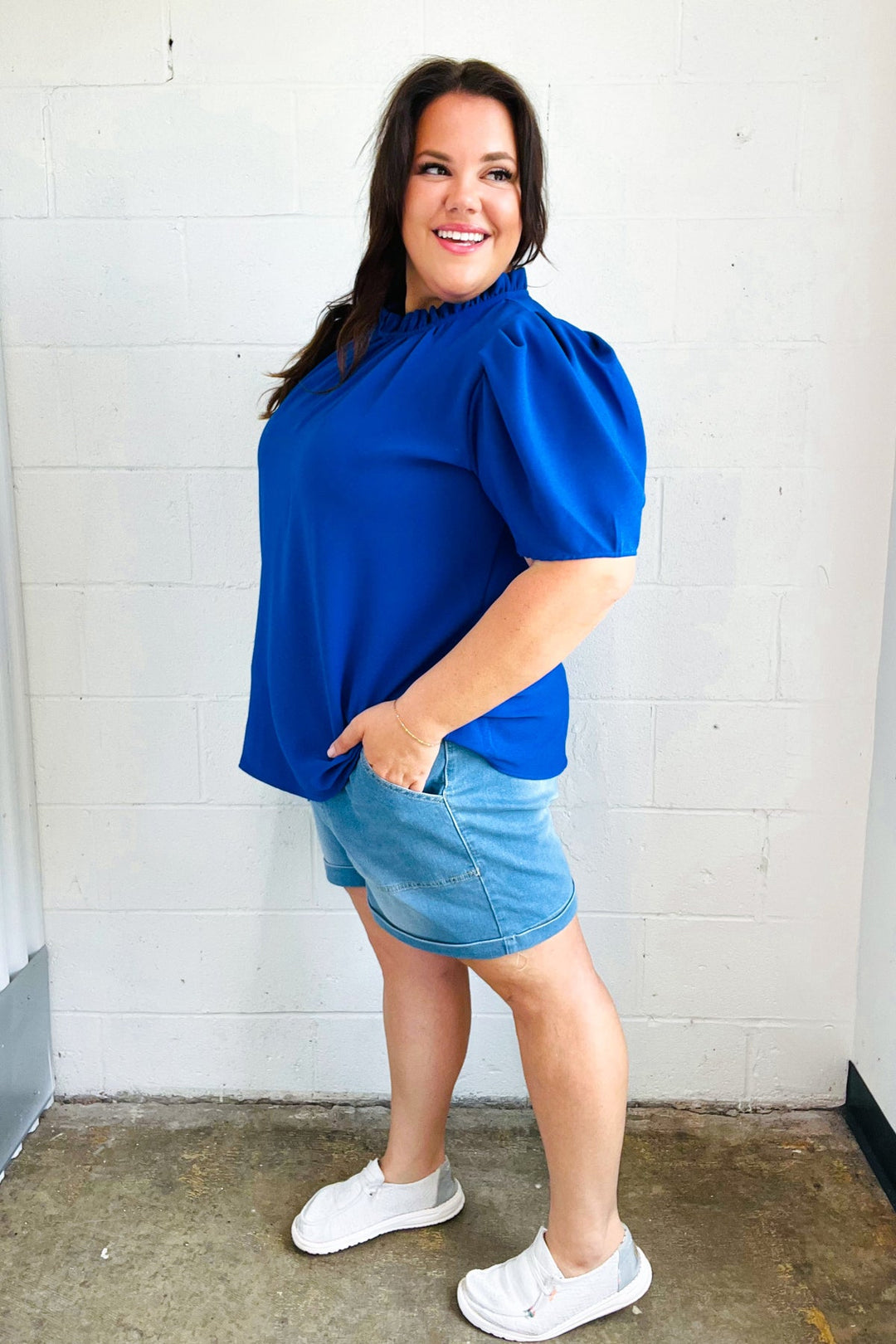 Lovely Blue Frill Mock Neck Woven Tops | Nikki &amp; Co. Boutique