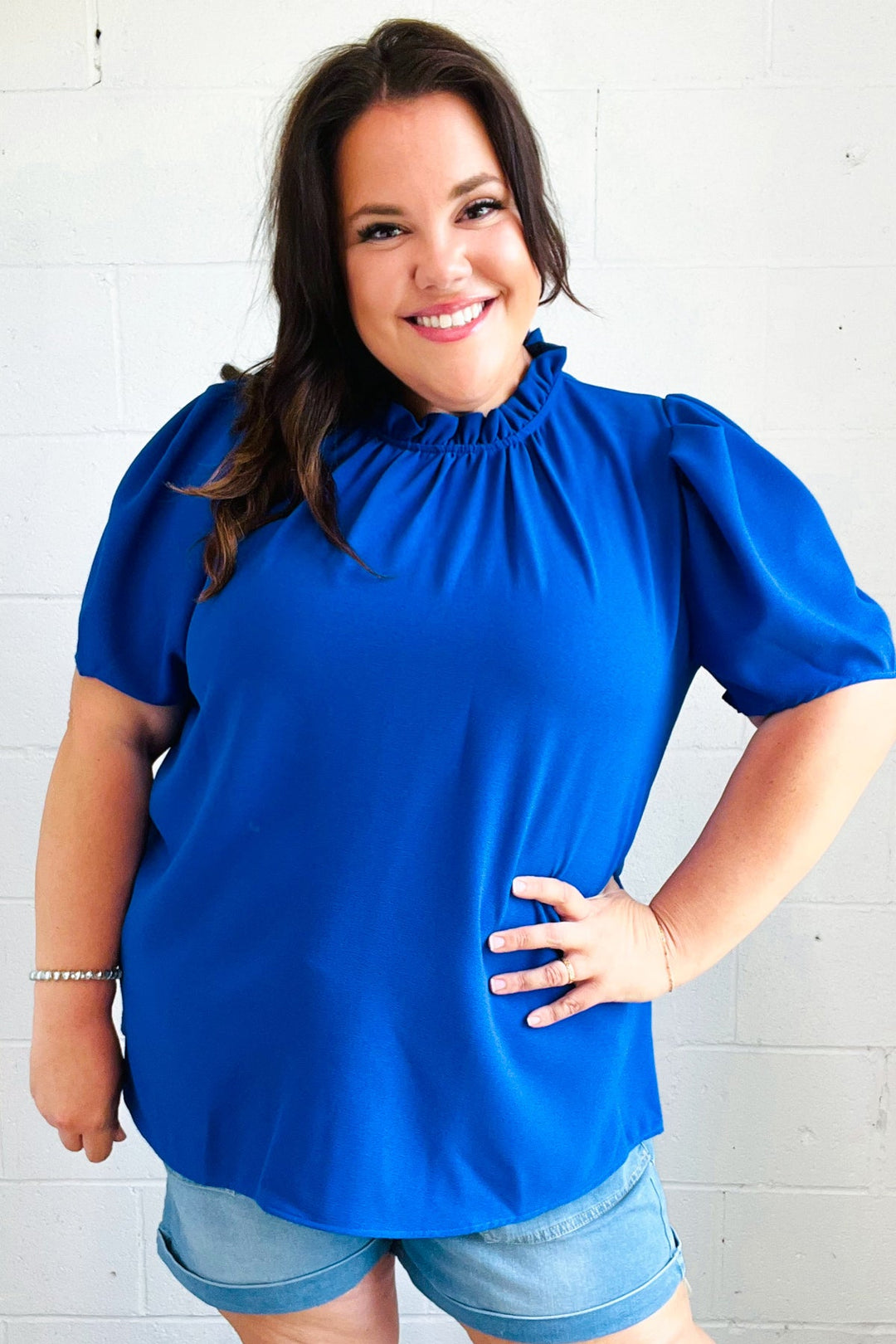 Lovely Blue Frill Mock Neck Woven Tops | Nikki &amp; Co. Boutique