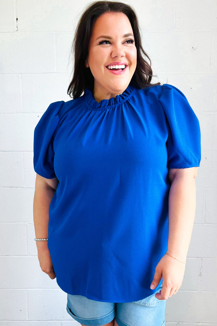 Lovely Blue Frill Mock Neck Woven Tops | Nikki &amp; Co. Boutique