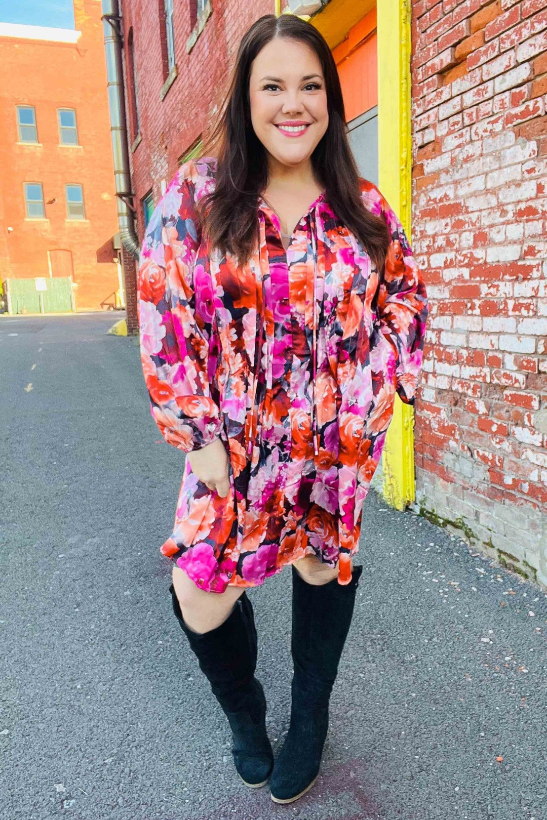 Diva Dreams Coral &amp; Charcoal Floral Tie Neck Pintuck Satin Dress | Nikki &amp; Co. Boutique