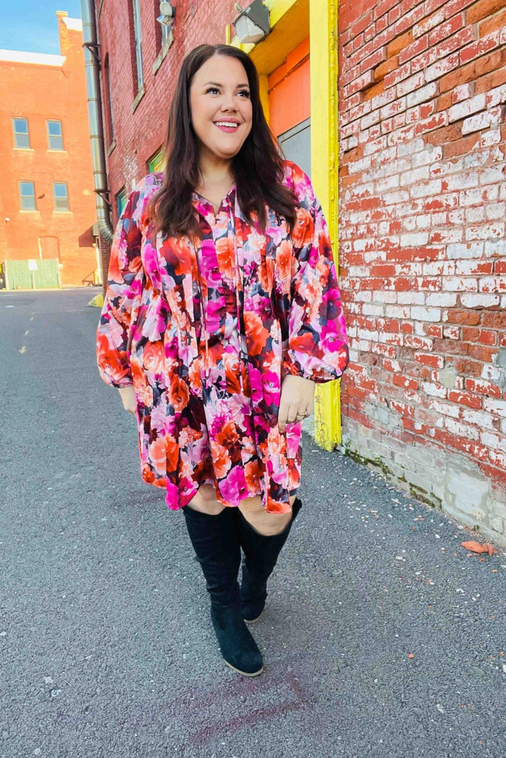 Diva Dreams Coral &amp; Charcoal Floral Tie Neck Pintuck Satin Dress | Nikki &amp; Co. Boutique