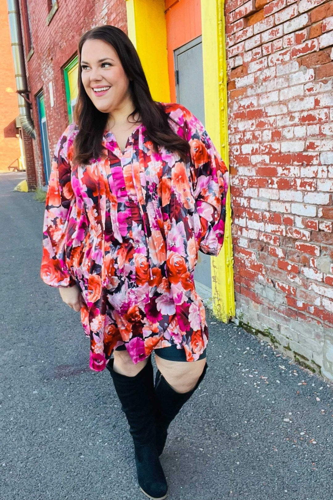 Diva Dreams Coral &amp; Charcoal Floral Tie Neck Pintuck Satin Dress | Nikki &amp; Co. Boutique