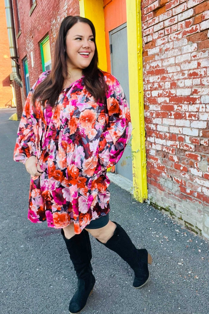 Diva Dreams Coral &amp; Charcoal Floral Tie Neck Pintuck Satin Dress | Nikki &amp; Co. Boutique