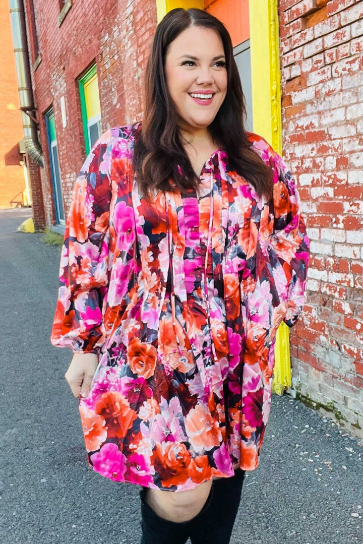 Diva Dreams Coral &amp; Charcoal Floral Tie Neck Pintuck Satin Dress | Nikki &amp; Co. Boutique