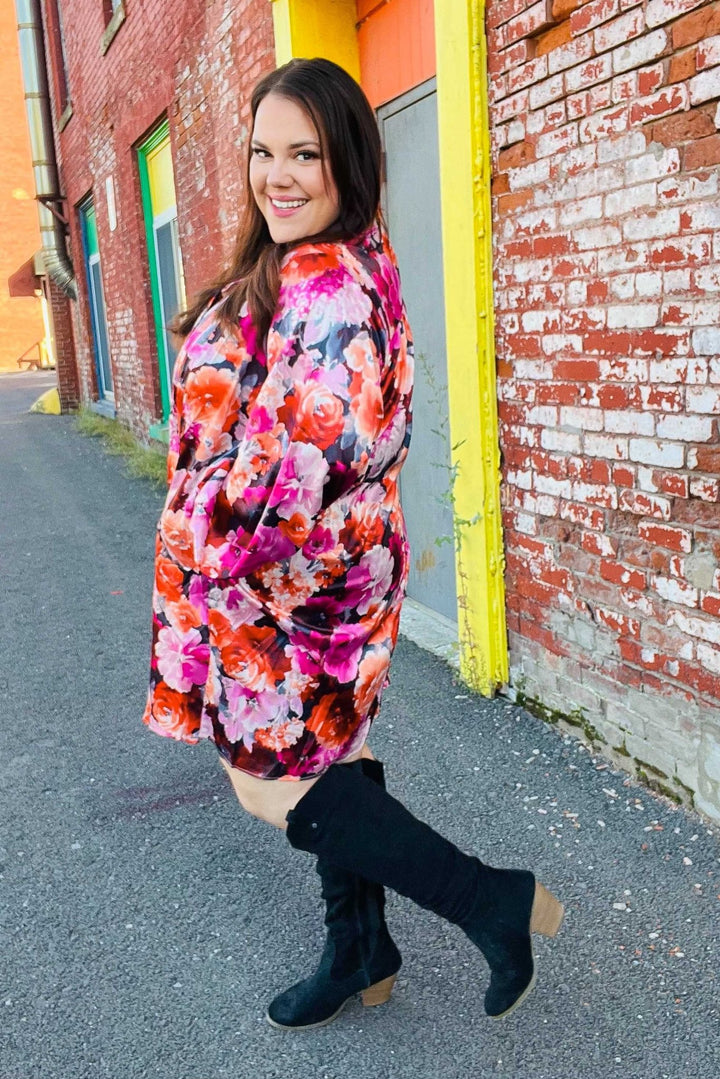 Diva Dreams Coral &amp; Charcoal Floral Tie Neck Pintuck Satin Dress | Nikki &amp; Co. Boutique