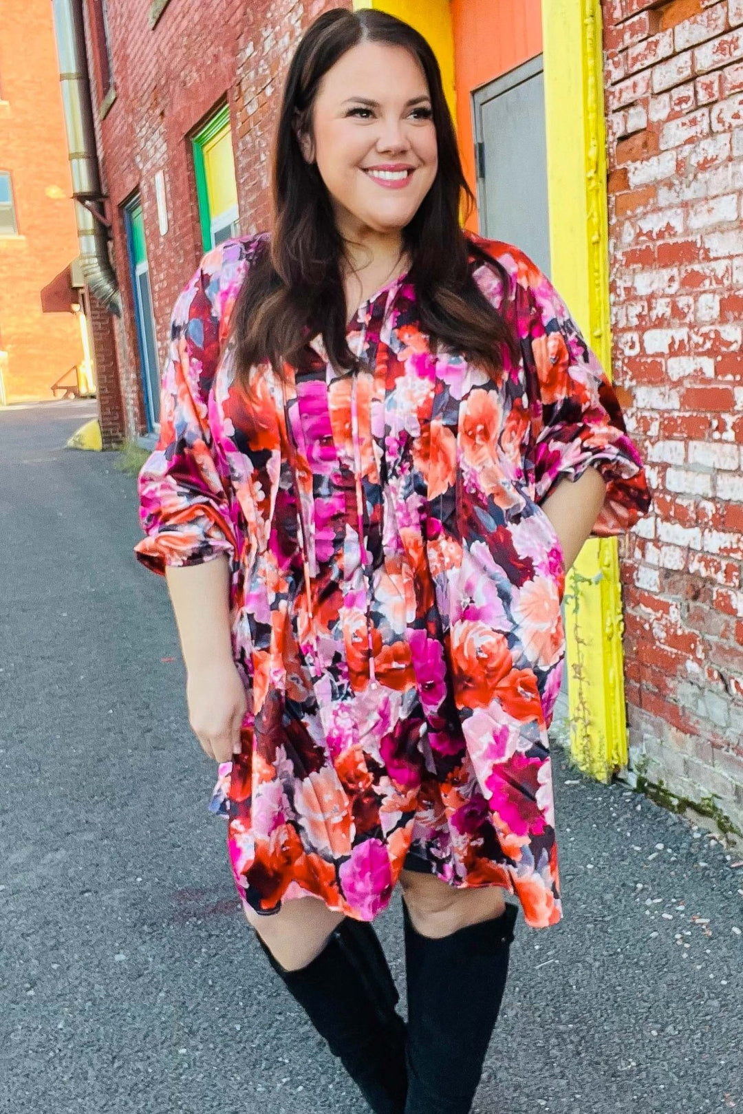 Diva Dreams Coral & Charcoal Floral Tie Neck Pintuck Satin Dress | Nikki & Co. Boutique