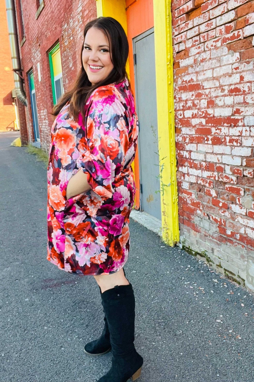Diva Dreams Coral &amp; Charcoal Floral Tie Neck Pintuck Satin Dress | Nikki &amp; Co. Boutique