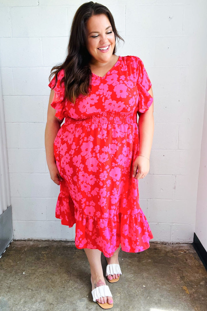 Remember Me Red &amp; Pink Floral Print Smocked Waist Midi Dress | Nikki &amp; Co. Boutique