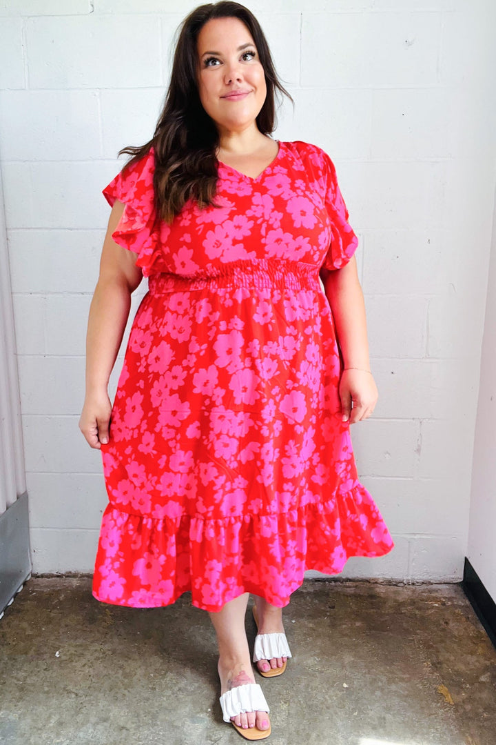 Remember Me Red &amp; Pink Floral Print Smocked Waist Midi Dress | Nikki &amp; Co. Boutique