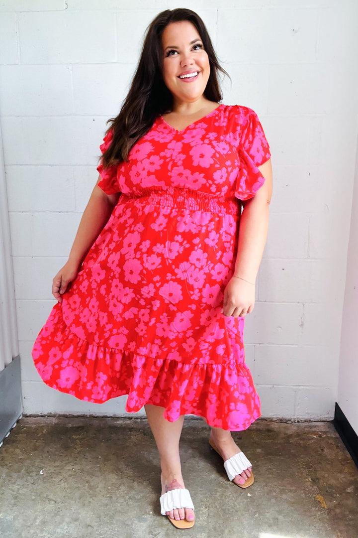 Remember Me Red &amp; Pink Floral Print Smocked Waist Midi Dress | Nikki &amp; Co. Boutique