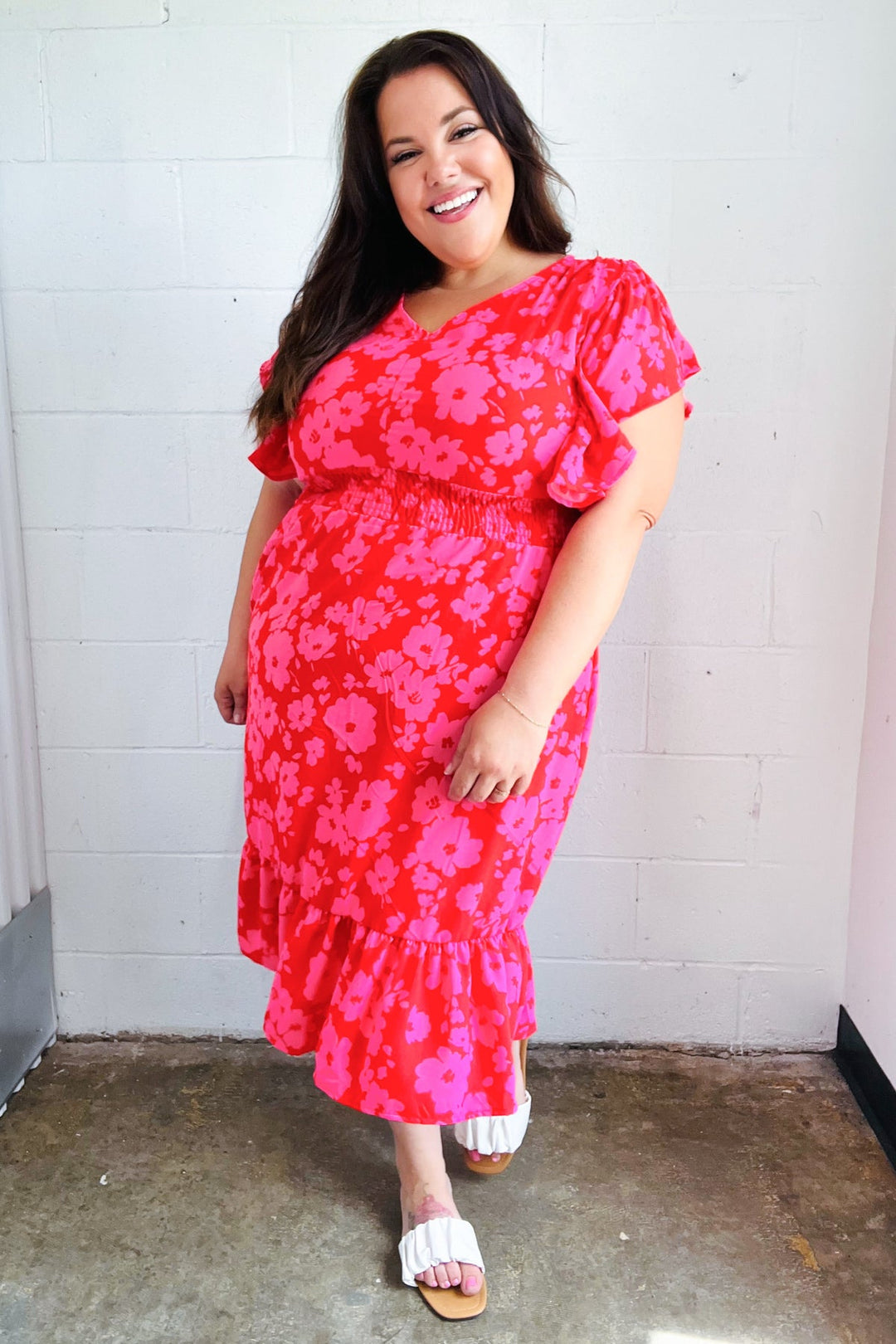 Remember Me Red &amp; Pink Floral Print Smocked Waist Midi Dress | Nikki &amp; Co. Boutique