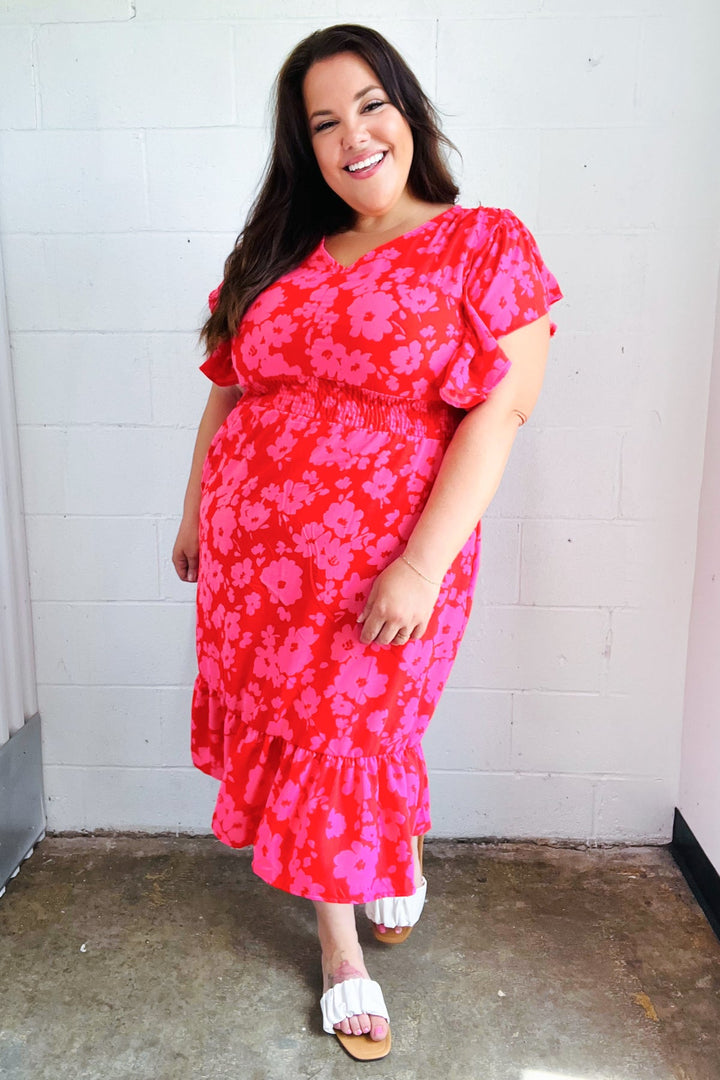 Remember Me Red &amp; Pink Floral Print Smocked Waist Midi Dress | Nikki &amp; Co. Boutique