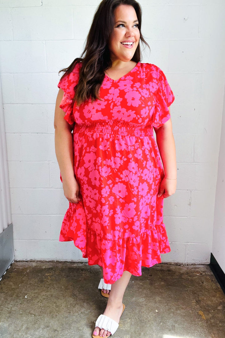 Remember Me Red &amp; Pink Floral Print Smocked Waist Midi Dress | Nikki &amp; Co. Boutique