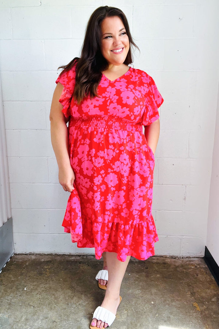 Remember Me Red &amp; Pink Floral Print Smocked Waist Midi Dress | Nikki &amp; Co. Boutique