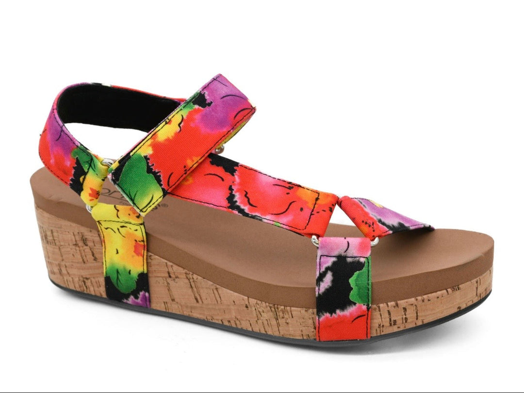 Colorful wedge sandal with 'Dont Tempt Me Black Floral' text on a white background