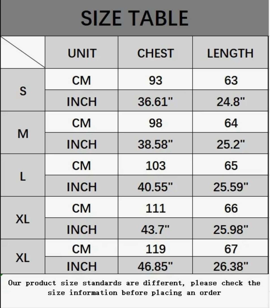 Size chart for clothing with measurements in centimeters and inches.
