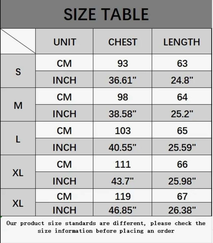 Size chart for clothing with measurements in centimeters and inches.