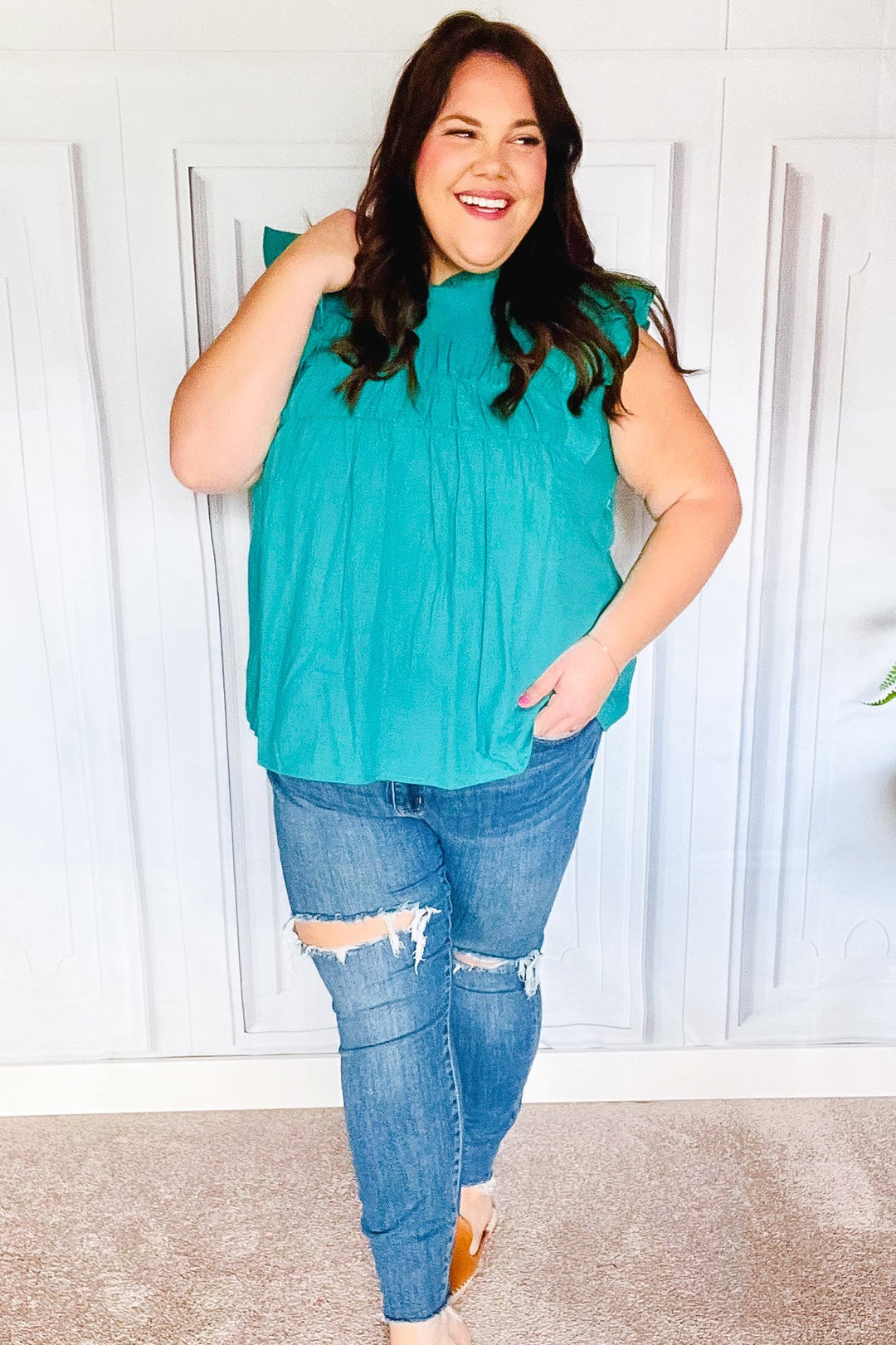 Love Life Cotton Turquoise Frill Mock Neck Flutter Sleeve Tops | Nikki &amp; Co. Boutique