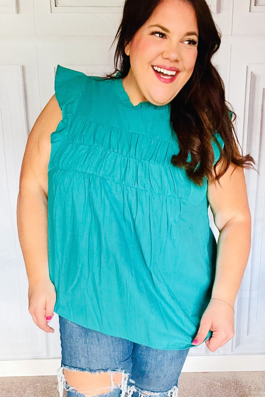 Love Life Cotton Turquoise Frill Mock Neck Flutter Sleeve Tops | Nikki &amp; Co. Boutique